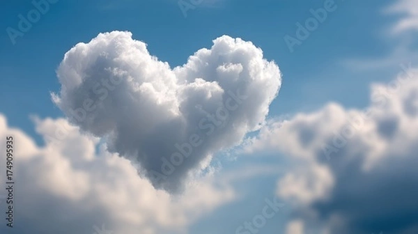 Fototapeta A heart-shaped cloud floats in a blue sky, surrounded by soft white clouds, creating a serene and romantic atmosphere.