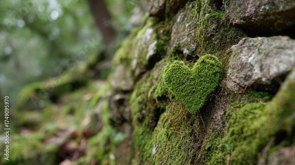 Fototapeta A moss-covered heart shape on a rocky surface, nestled in a lush green forest, showcasing nature's artistry and tranquility.