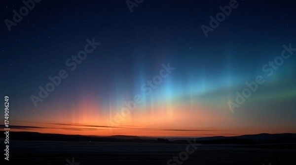 Fototapeta A stunning night sky showcasing colorful auroras blending with a twilight horizon, creating a breathtaking natural spectacle.