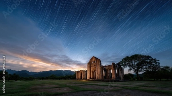 Fototapeta A stunning night sky captures star trails over ancient ruins, framed by mountains and trees, showcasing the beauty of nature and history.