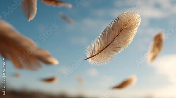 Fototapeta Delicate feathers float gracefully through a clear blue sky, creating a serene and tranquil atmosphere.