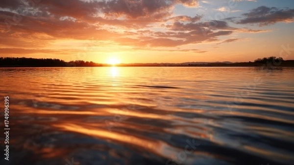 Fototapeta A serene sunset over a calm water body, with vibrant orange and yellow hues reflecting on the surface, framed by silhouetted trees and a clear sky.