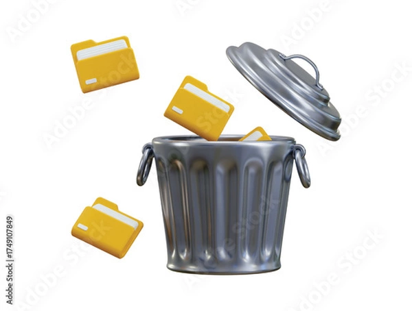 Fototapeta Data deletion memory cleaning software icon 3d render concept of Metal trash can with files cleaning icon vector illustration