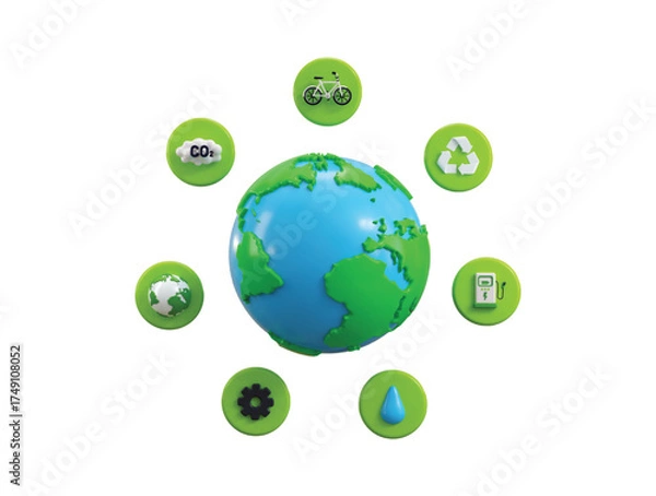 Fototapeta Environment ecology icon 3d render concept of green earth with recycling symbol and Environmental equipment icon vector illustration