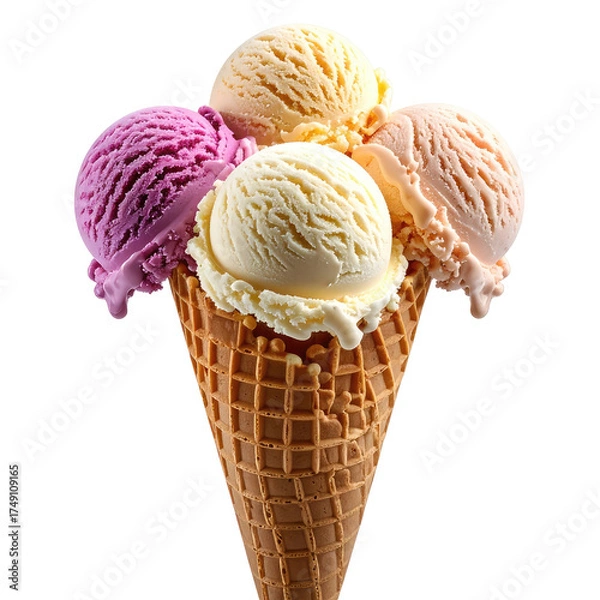 Fototapeta Colorful ice cream scoops in waffle cone on black background