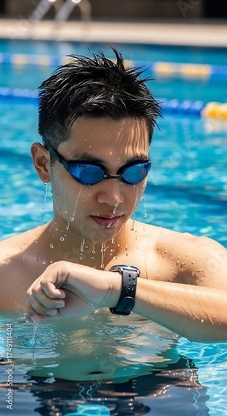 Obraz Swimmer Checking Time in Pool - Focus and Determination.