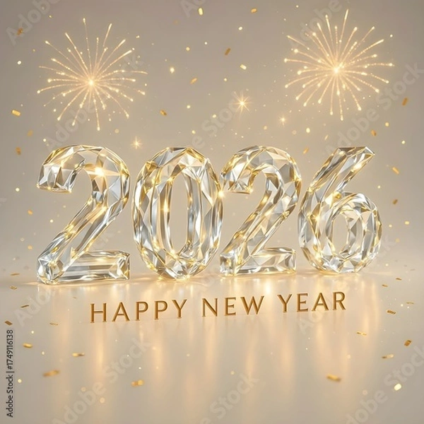 Fototapeta 3D Crystal Glass 2026 Typography with Fireworks and Golden Glow – Elegant New Year Celebration Design
