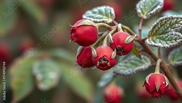 Obraz Four Birds Sitting on a Snowy Branch in Winter