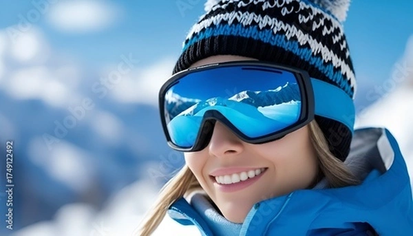 Obraz A close-up of a smiling young woman in the mountains. Conceptually, it depicts active winter recreation, joy, freedom, and the pleasure of outdoor sports.