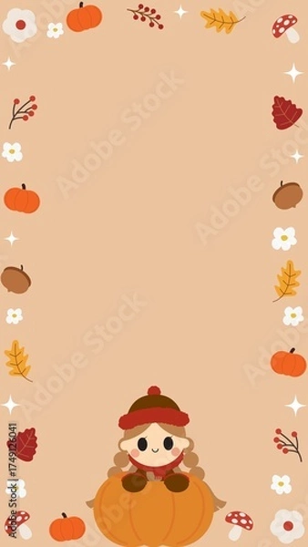 Fototapeta Cute Girl Sitting on Pumpkin Autumn Frame Background