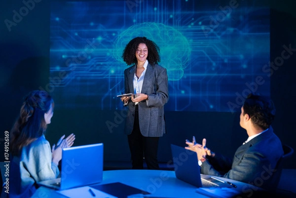 Fototapeta Successful businesswoman receiving applause from the audience after an inspiring presentation on artificial intelligence.