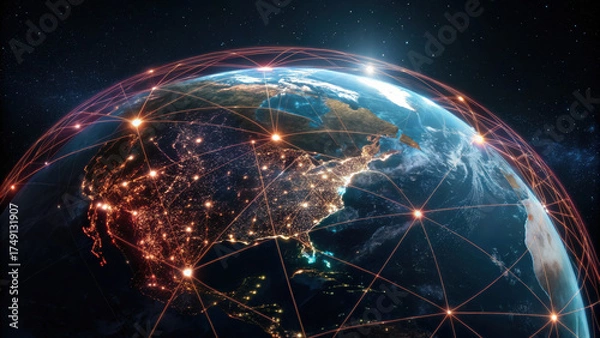 Obraz Earth from space global network visible network link glowing cities at night