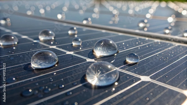 Fototapeta Renewable energy solar microgrid droplets on photovoltaic panel reflecting sunlight in clean sustainable power scene