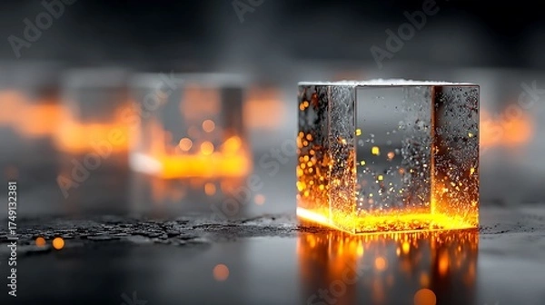 Fototapeta Three clear ice cubes radiate glowing orange light on a dark reflective surface