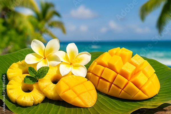 Fototapeta Tropical fruit display with mango, pineapple, and plumeria on banana leaf – vibrant summer beach scene.