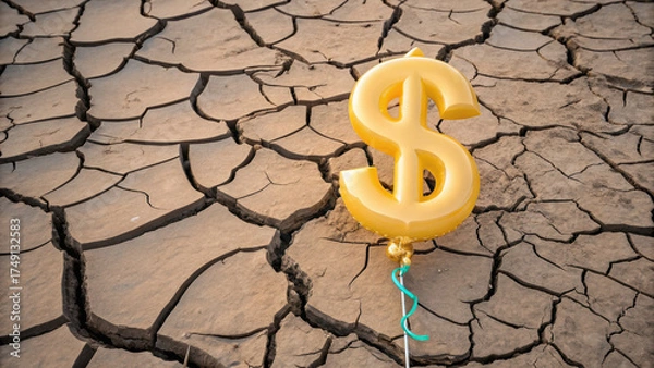 Obraz Gold dollar balloon on cracked dry soil economic growth gdp inflation symbol of fragile finance