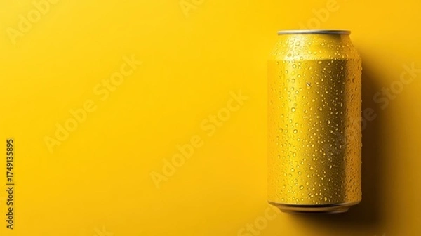 Fototapeta Golden can on yellow background with water droplets.