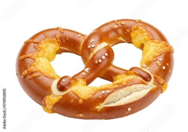 Fototapeta A classic Bavarian soft pretzel, golden-brown and twisted, generously covered with melted, gooey sharp cheddar cheese and sea salt on a transparent background, concept for gourmet snack marketing