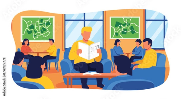 Fototapeta A man reads aloud to a diverse group of people in a bright community space