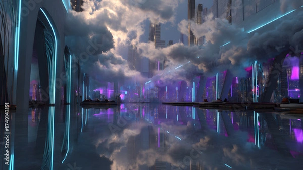 Fototapeta Surreal futuristic cityscape with neon lights reflecting on water and dramatic clouds