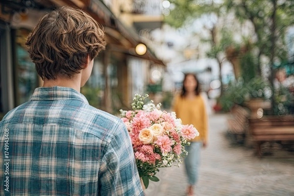 Fototapeta A handsome young man holds flowers behind his back for a beautiful girl. View from behind. A wonderful first date.