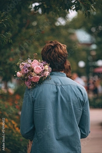 Fototapeta A handsome young man holds flowers behind his back for a beautiful girl. View from behind. A wonderful first date.