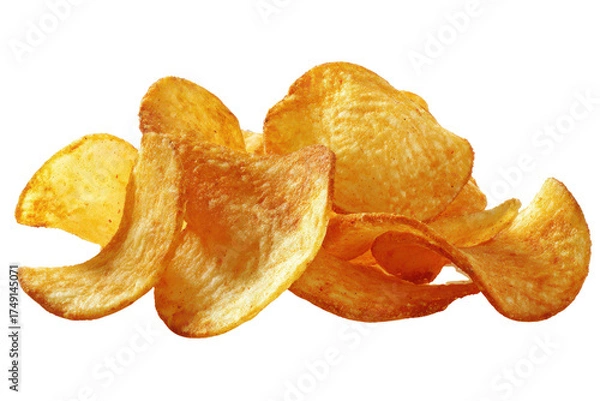Fototapeta Pile of crispy golden potato chips with textured surface on black snack food, Isolated On Transparent Background, Png Cut Out