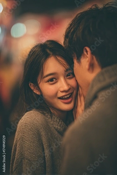 Fototapeta A young happy couple is in love and romantic on their first date. The Asian girl is surprised and smiles at the guy.