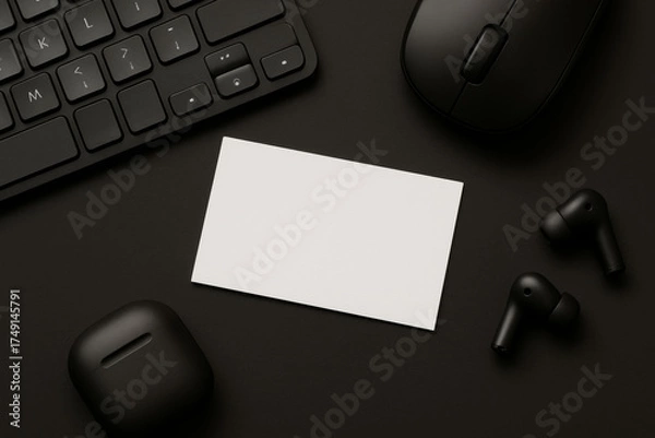 Fototapeta Blank white business card mockup surrounded by black tech gadgets on dark background, ideal for branding and product design presentations. Ai generative. Ai generative