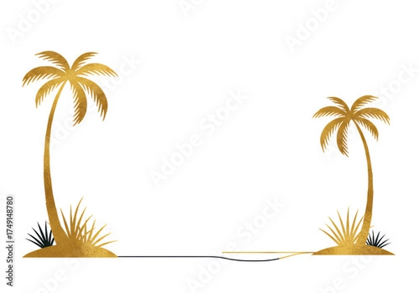 Fototapeta Two stylized gold palm trees, curved trunks and fanned leaves, on dark mounds with tropical foliage, connected by a black line, vast white copy space, high-end vacation branding concept.