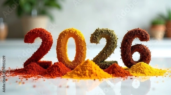 Fototapeta 2026 Spice Art Display – Colorful Seasoning Numbers with Culinary Texture & Herb Accents