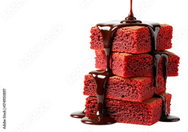 Fototapeta Three fudgy red velvet brownies stacked with glistening melted dark chocolate sauce dripping, isolated on transparent background, shallow depth of field, appetizing dessert advertising
