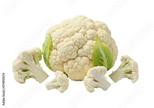 Fototapeta Large transparent cauliflower head with intricate florets and smaller cut florets, on transparent background with soft shadows, negative space, premium fresh produce concept