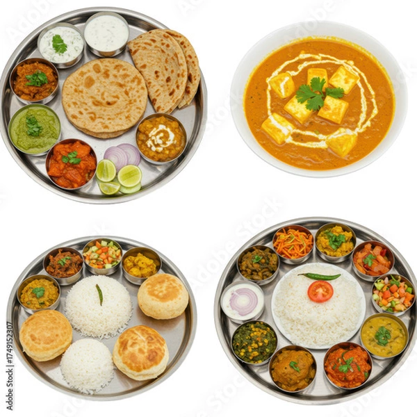 Fototapeta Four distinct, exquisitely prepared traditional Indian meals, flat lay on a transparent background, soft studio light, vibrant colors, concept of diverse Indian culinary excellence.