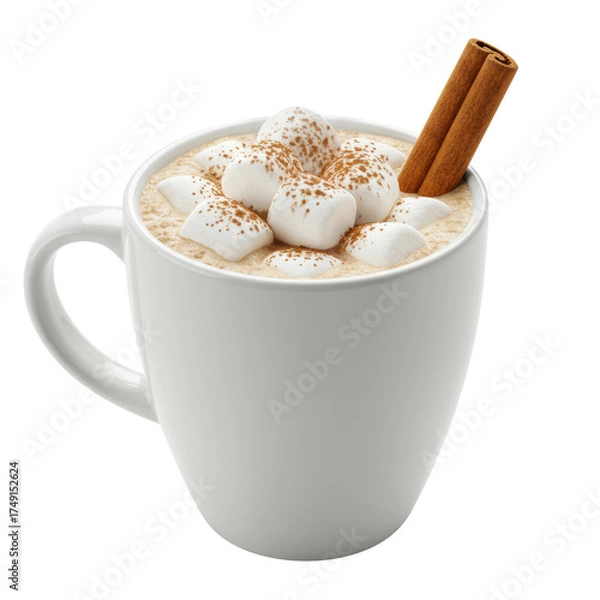 Fototapeta White ceramic mug with creamy white hot chocolate, melting mini marshmallows, cocoa powder, and cinnamon stick, on transparent studio background with bokeh. Cozy winter treat concept