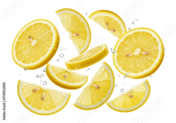 Fototapeta Vibrant lemon slices with glistening water droplets, suspended against a bright white background with copy space, showcasing extreme freshness, concept for beverage advertising.