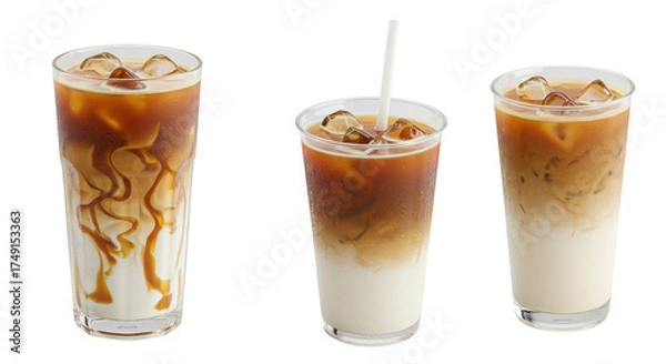 Fototapeta Three photorealistic iced caramel lattes in glasses and plastic cups, featuring swirls and distinct layers, with ice and condensation on a transparent background with copy space. Concept for beverage