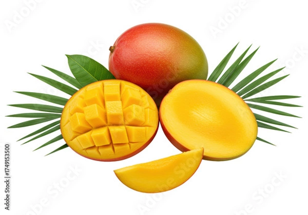 Fototapeta Ripe whole mango, sliced and halved mangoes with golden flesh and seed, bright wedge, fresh green palm leaves on white background, soft shadows, macro lens, tropical delight and healthy eating concept