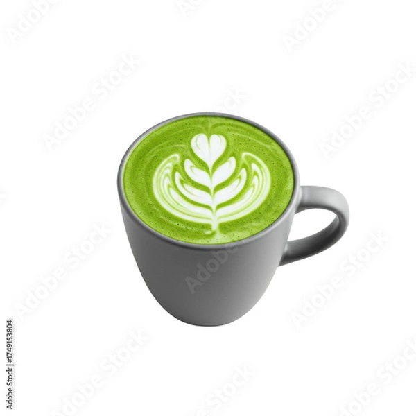 Fototapeta Minimalist matte grey ceramic cylindrical coffee mug filled with vibrant frothy green matcha latte and intricate white swirl latte art, against a transparent background with soft shadow, concept for