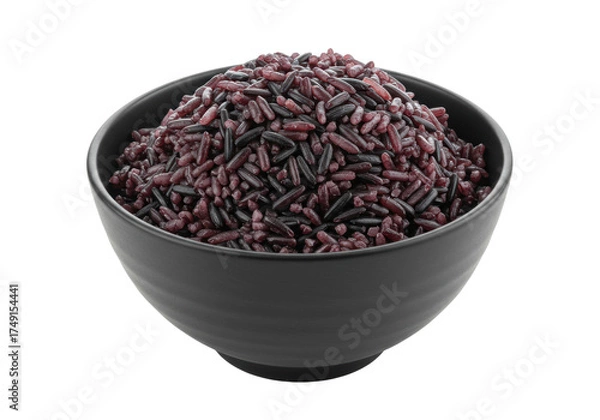 Fototapeta Fluffy, glistening dark purple-black Forbidden Rice in a smooth black bowl, isolated on a transparent background with copy space, concept of gourmet, healthy food presentation