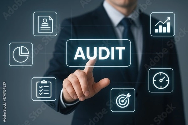 Fototapeta Business Professional Touching Audit Icon with Various Finance and Analytics Elements in Background