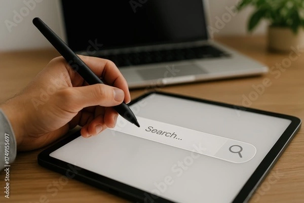 Fototapeta Person Holding Pen on Tablet While Searching for Information with Laptop in Background