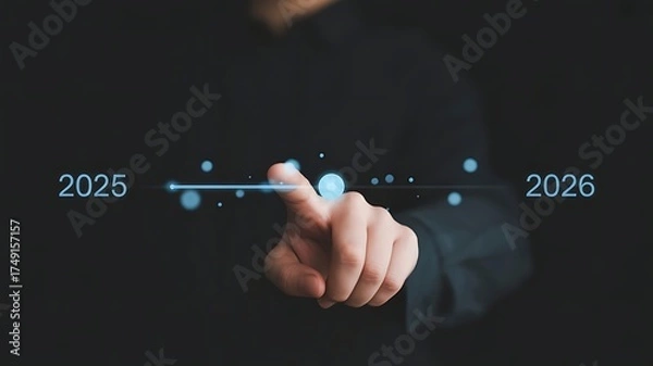 Fototapeta A hand touches a line between 2025 and 2026 on a dark background