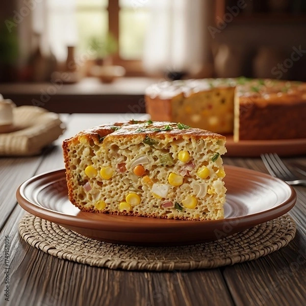 Obraz Delicious Cornbread Casserole Slice on Rustic Wooden Table.