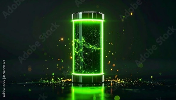 Fototapeta Bright Green Battery Energy Storage Concept with Glowing Sparks and Particles