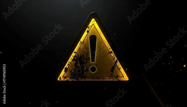 Fototapeta Cinematic concept of a dirty, scratched warning triangle symbolizing imminent danger or a system alert