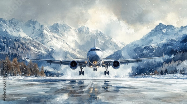 Obraz Airplane landing on snowy runway with majestic mountains in background; cinematic aviation scene symbolizing winter travel and global journey.