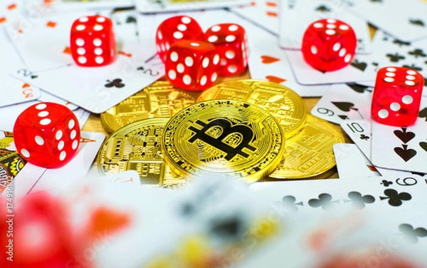 Obraz golden bitcoin red dice and card, gambling concept
