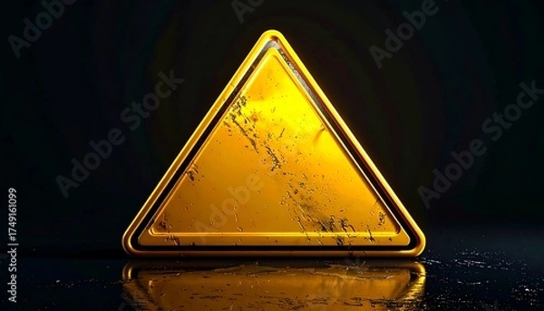 Fototapeta A yellow warning triangle symbol on a reflective surface, symbolizing danger or caution