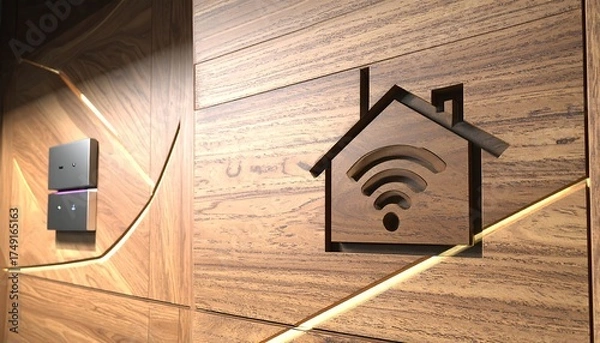 Fototapeta Modern Smart Home Automation Concept Integrated Wooden Wall Panel with Wi-Fi House Icon and Sleek Control Switches for Contemporary Interior Design and Connectivity Solutions